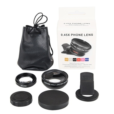Conjunto de lentes para telemóvel com caixa branca, bolsa preta, lentes, tampões e clip de fixação
