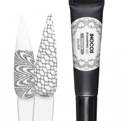 Gel stamping prateado em embalagem preta com estampas brancas e prateadas