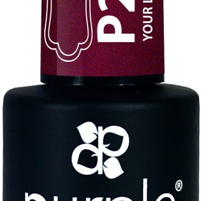 Frasco de verniz gel preto com rótulo vermelho e texto branco