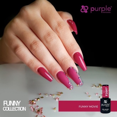 Unhas com verniz gel rosa forte e cristais da coleção FUNNY COLLECTION da Purple Professional