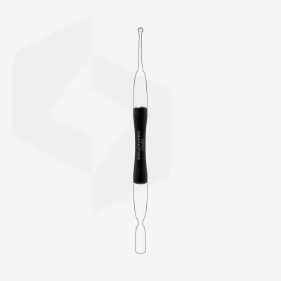 Instrumento dentário de metal com centro preto e texto «STAINLESS STEEL», fundo branco