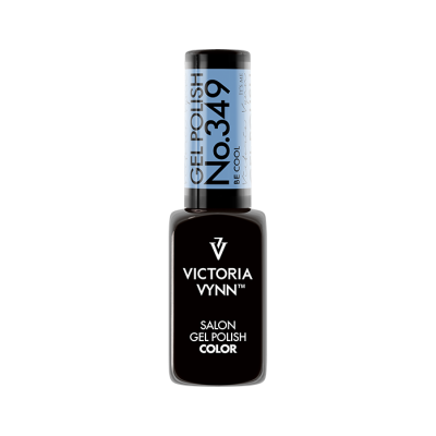 Frasco de verniz de gel preto Victoria Vynn com rótulo azul claro No.349