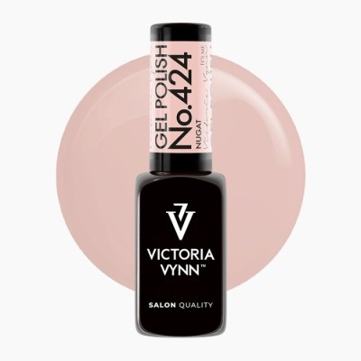 Frasco de verniz gel preto VICTORIA VYNN No.424 NUGAT com fundo branco e mancha rosa claro