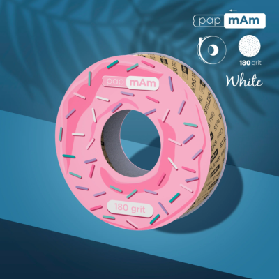 Rolo de lixa circular rosa com embalagem decorativa tipo donut