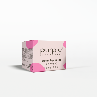 Embalagem de creme anti-aging purple Professional rosa com detalhes cor-de-rosa e texto em inglês e português