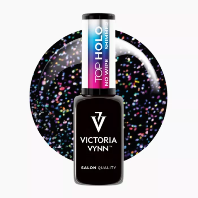 Frasco de verniz de unhas preto com rótulo azul-roxo-rosa e manchas de purpurina multicolorida no fundo.