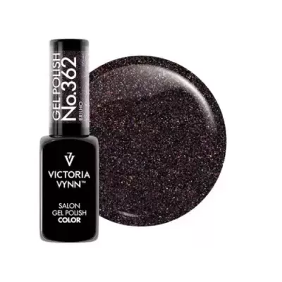 Frasco preto de verniz de gel para unhas Victoria Vynn e amostra da cor preta com brilho multicolorido