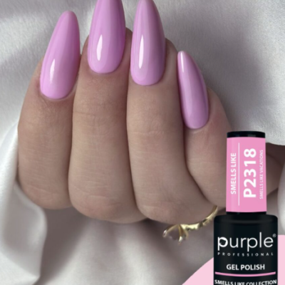 Unhas com verniz gel rosa claro e frasco de verniz gel preto com etiqueta rosa