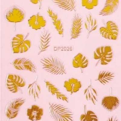 Folhas decorativas douradas variadas em fundo rosa com código DP2026