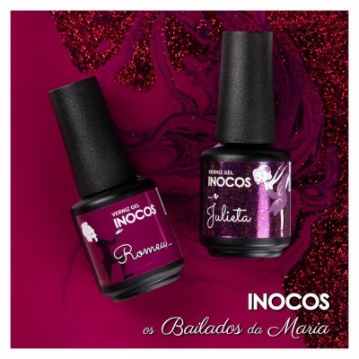 Dois frascos de verniz gel INOCOS Romeu e Julieta sobre fundo vermelho com brilho