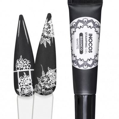Gel de estampagem INOCOS branco com decoração floral em unhas artificiais