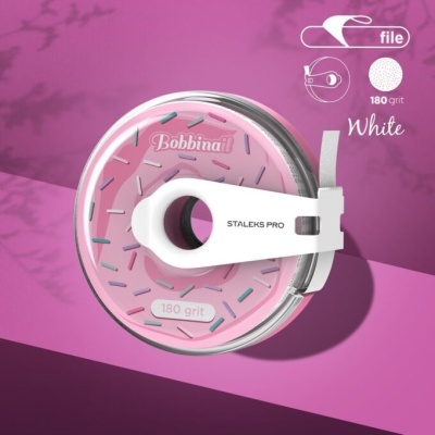 Arquivo de lima Staleks Pro Bobbina 11 branco 180 grit numa embalagem redonda rosa