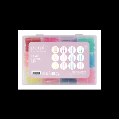 Caixa plástica com formas para unhas coloridas e etiqueta roxa da marca purple PROFESSIONAL