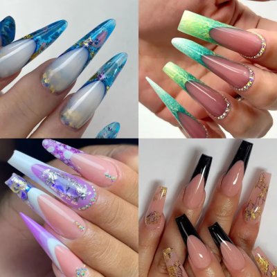 Unhas artificiais longas com designs coloridos e decorativos
