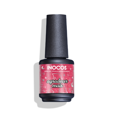 Frasco de verniz gel cor-de-rosa da marca INOCOS com tampa preta