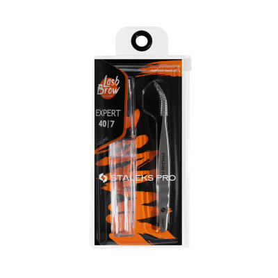 Conjunto de cuidados para sobrancelhas e pestanas da Staleks Pro em embalagem preta e laranja.