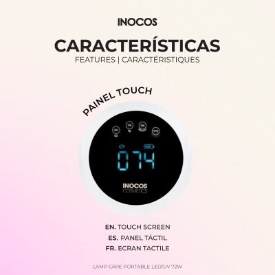 Interface redonda digital azul com texto Painel Touch e INOCOS COSMETICS em fundo branco