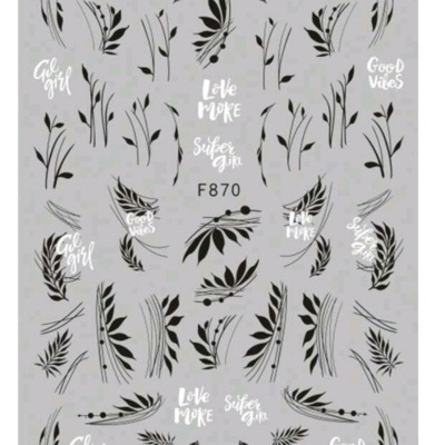 Decalques para unhas com estampas de folhas e frases em branco sobre fundo cinzento