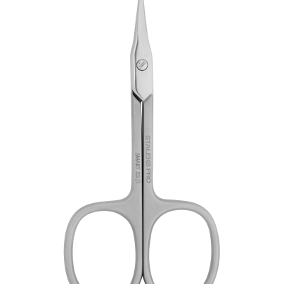 Tesoura pequena de aço inoxidável com lâminas pontiagudas e texto gravado