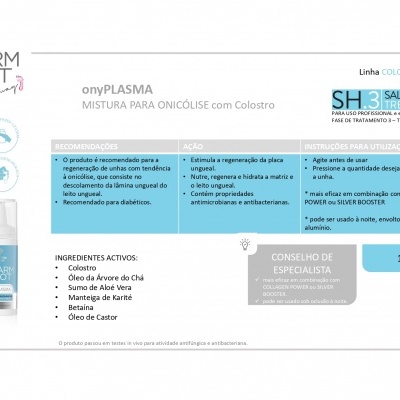 Frasco branco com rótulo azul e cinzento de produto onyPLASMA MISTRAL PRO para onicólise com colostro