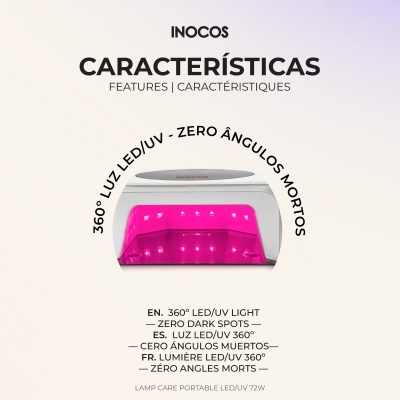 Lâmpada LED/UV INOCOS com luz rosa e texto descritivo das características em várias línguas