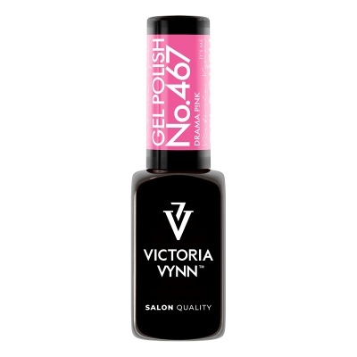 Verniz gel para unhas Victoria Vynn No.467 Drama Pink em frasco preto com tampa e rótulo rosa.