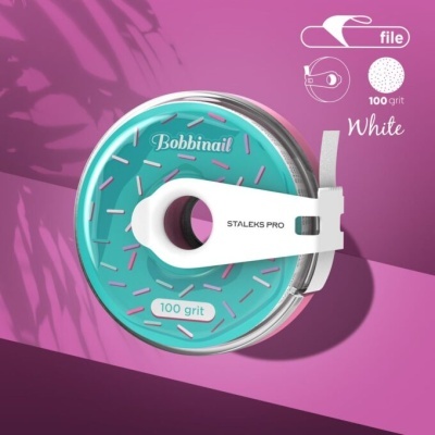 Acessório de unhas circular azul e branco Staleks Pro com texto Bobbinail 100 grit