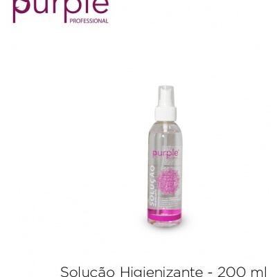 Frasco translúcido de solução higienizante Purple Professional com tampa spray branca 200 ml