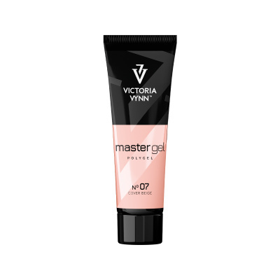 Tubo de gel para unhas polygel preto e bege claro com texto da marca e número