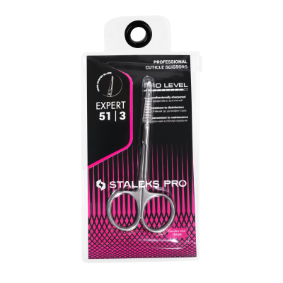 Tesoura profissional para cutículas Staleks Pro Expert 51|3 em embalagem preta e rosa