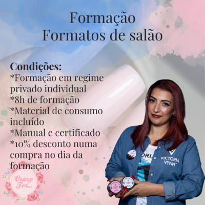 Mulher segurando produtos cosméticos, texto sobre formação de formatos de salão com condições e desconto