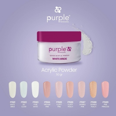 Frasco de pó acrílico White Bride da Purple Professional com amostras de cores
