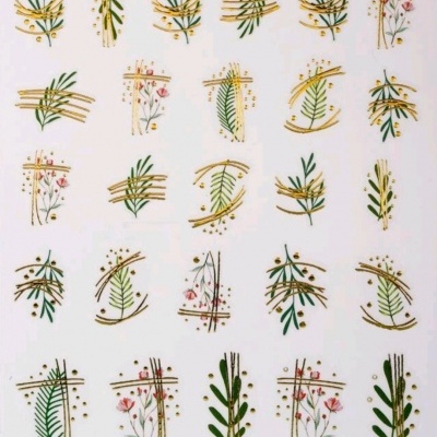 Padrão de folhas e flores estilizadas com detalhes dourados em fundo branco