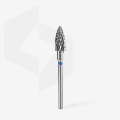 Fresa de metal cónica com haste azul sobre fundo branco