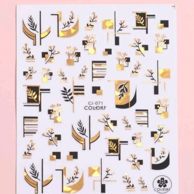 Folha de autocolantes decorativos com padrão dourado e preto sobre fundo branco e rosa