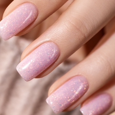 Unhas com verniz rosa glitter