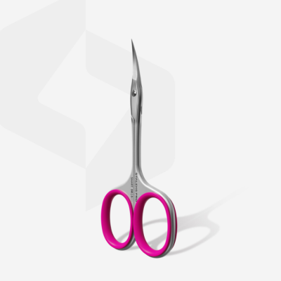 Tesoura de unhas com punhos rosa e lâminas de aço curvadas.