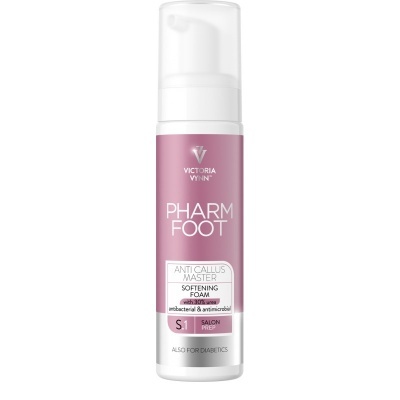 Frasco plástico rosa e branco de espuma suavizante para pés Pharm Foot da Victoria Wynn com doseador