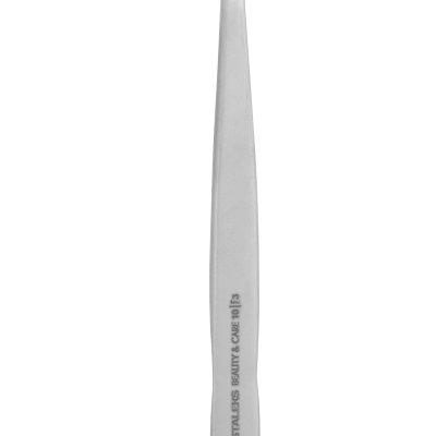 Pinça de sobrancelhas metálica prateada com ponta inclinada e gravação