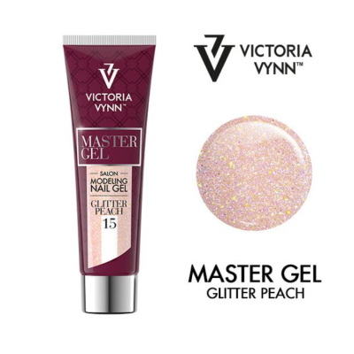 Tubo de gel para unhas Victoria Vynn Master Gel Glitter Peach com amostra da cor