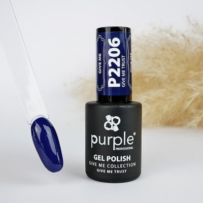 Frasco de verniz gel azul escuro Purple Professional com amostra da cor e fundo branco