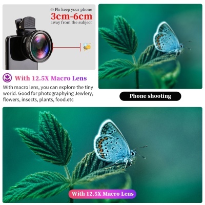 Lente macro 12.5X para telemóvel e fotografia de borboleta azul numa folha verde