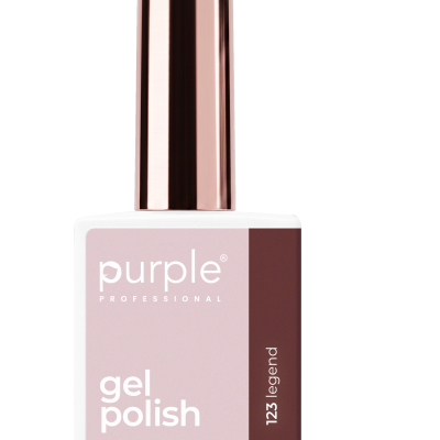 Frasco de verniz gel para unhas com tampa rosa dourado e rótulo rosa e bordô.