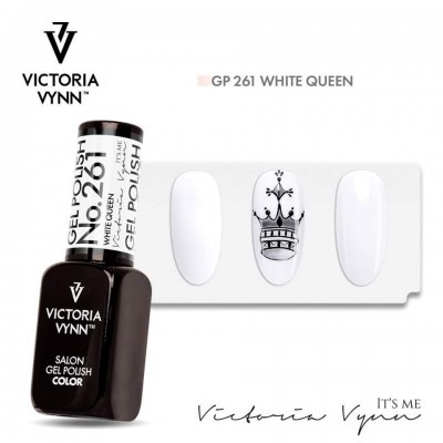 Esmalte gel VICTORIA VYNN GP 261 WHITE QUEEN com amostras de unhas brancas e desenho de coroa preta.
