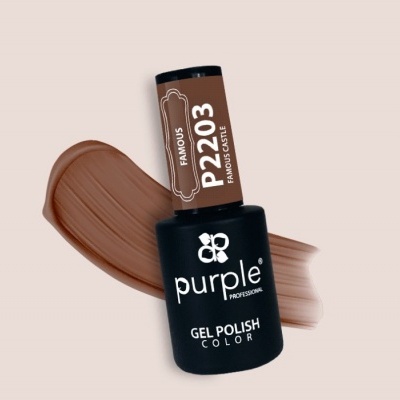 Frasco preto de verniz gel para unhas com texto e mancha castanha de cor