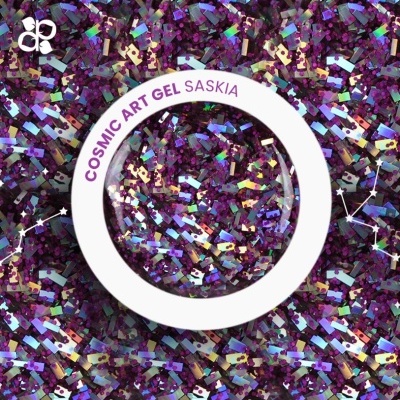 Gel de arte cósmica roxo com partículas holográficas e texto COSMIC ART GEL SASKIA