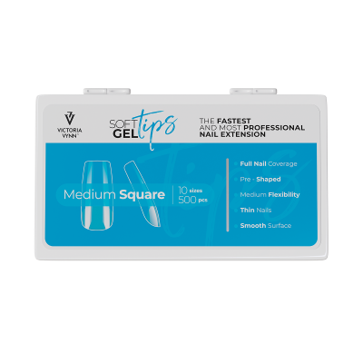 Estojo branco e azul com pontas de unha de gel macio quadrado médio Victoria Vynn