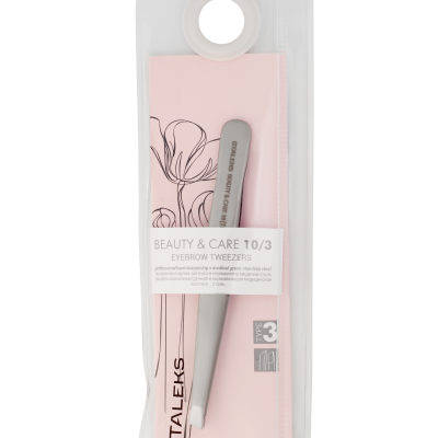 Pinça para sobrancelhas em estojo transparente com fundo rosa claro e rótulo branco