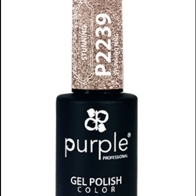Frasco de verniz gel Purple Professional preto com tampa rosa dourado e código P2239.