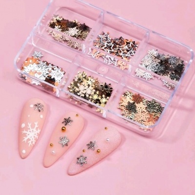 Conjunto de glitter e lantejoulas metálicas em caixa plástica com unhas postiças decoradas